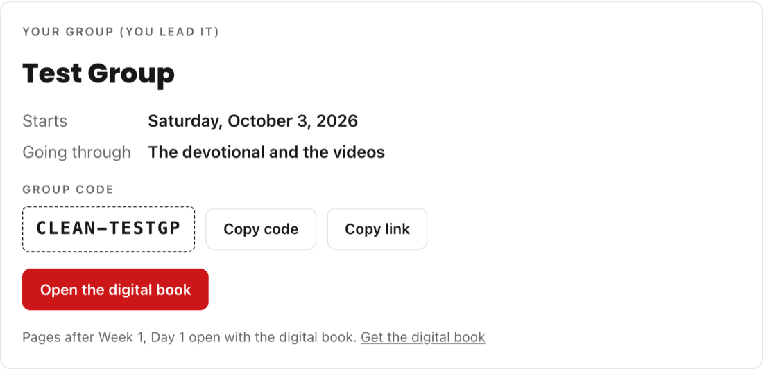 Your group's card showing its start date and group code, with Copy code and Copy link buttons